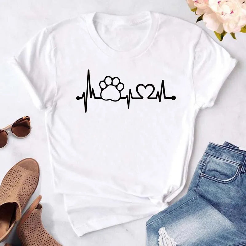 Dog Paw Heart Print T-Shirt — Funny Cartoon Tee for Dog Lovers