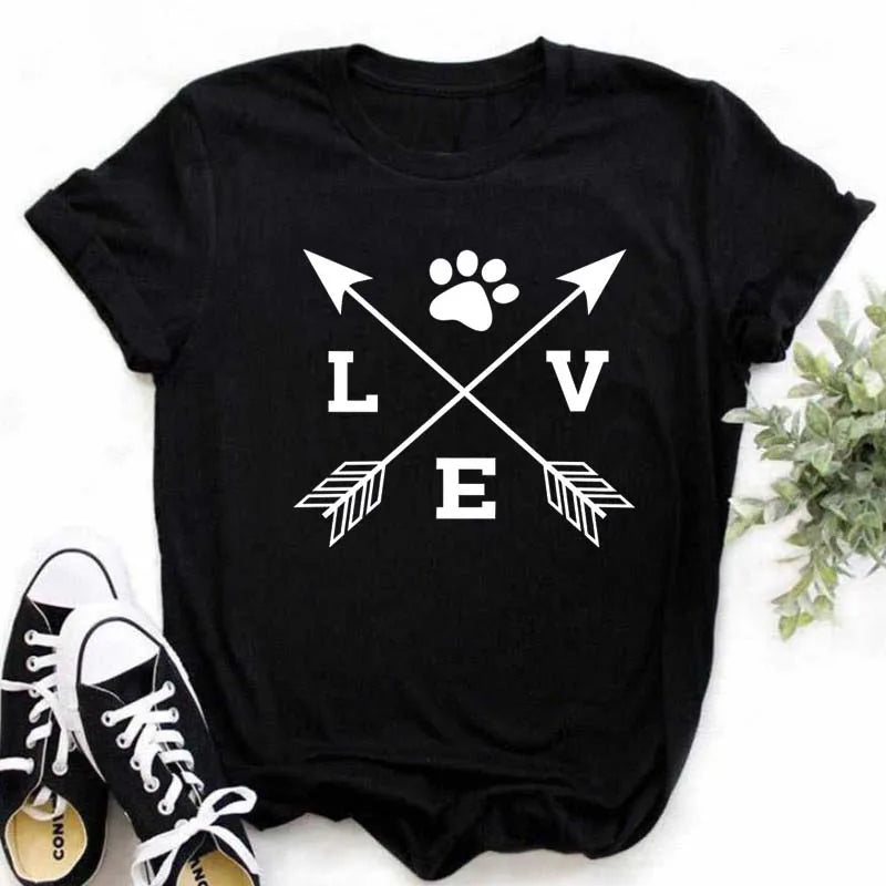 Dog Paw Heart Print T-Shirt — Funny Cartoon Tee for Dog Lovers