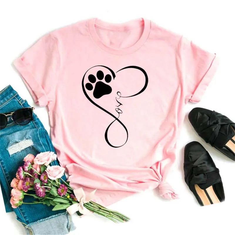 Dog Paw Heart Print T-Shirt — Funny Cartoon Tee for Dog Lovers