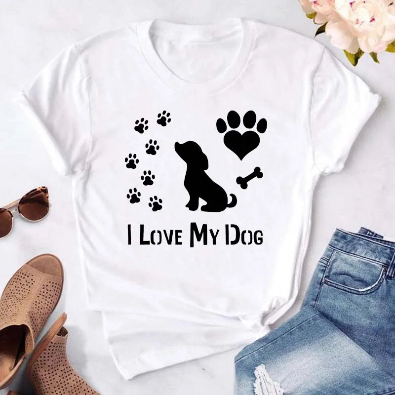 Dog Paw Heart Print T-Shirt — Funny Cartoon Tee for Dog Lovers
