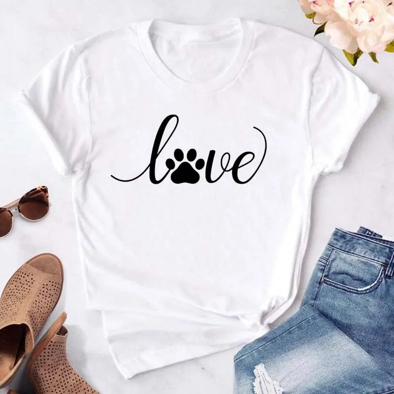 Dog Paw Heart Print T-Shirt — Funny Cartoon Tee for Dog Lovers