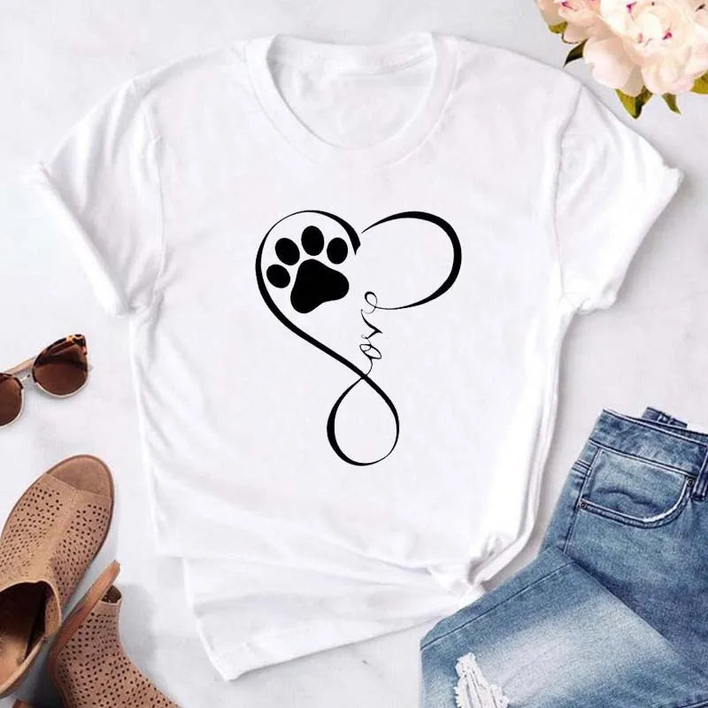 Dog Paw Heart Print T-Shirt — Funny Cartoon Tee for Dog Lovers