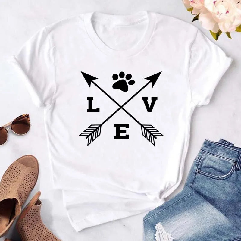 Dog Paw Heart Print T-Shirt — Funny Cartoon Tee for Dog Lovers