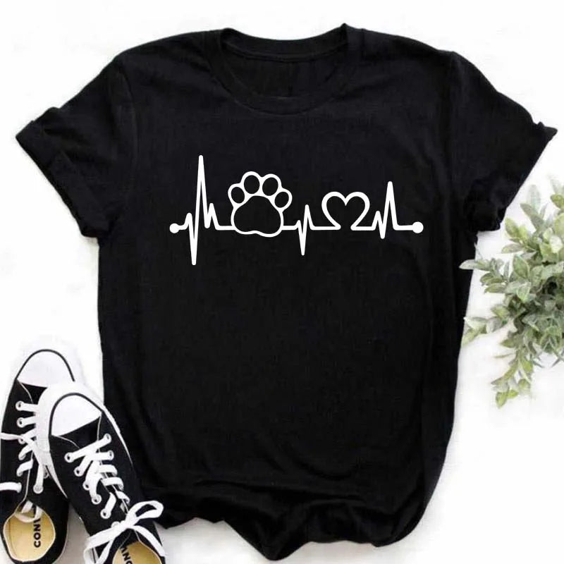 Dog Paw Heart Print T-Shirt — Funny Cartoon Tee for Dog Lovers
