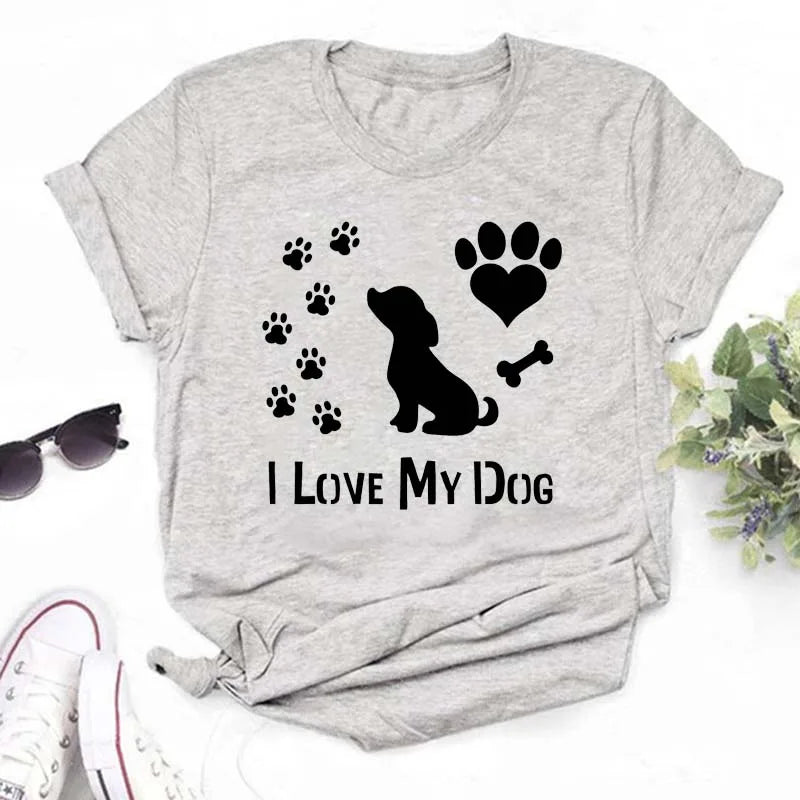 Dog Paw Heart Print T-Shirt — Funny Cartoon Tee for Dog Lovers
