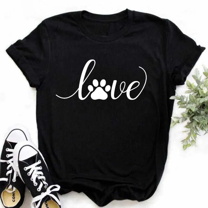 Dog Paw Heart Print T-Shirt — Funny Cartoon Tee for Dog Lovers