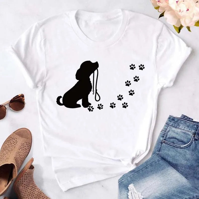 Dog Paw Heart Print T-Shirt — Funny Cartoon Tee for Dog Lovers