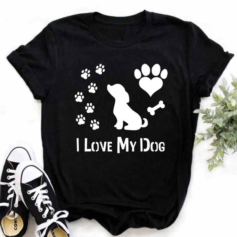 Dog Paw Heart Print T-Shirt — Funny Cartoon Tee for Dog Lovers