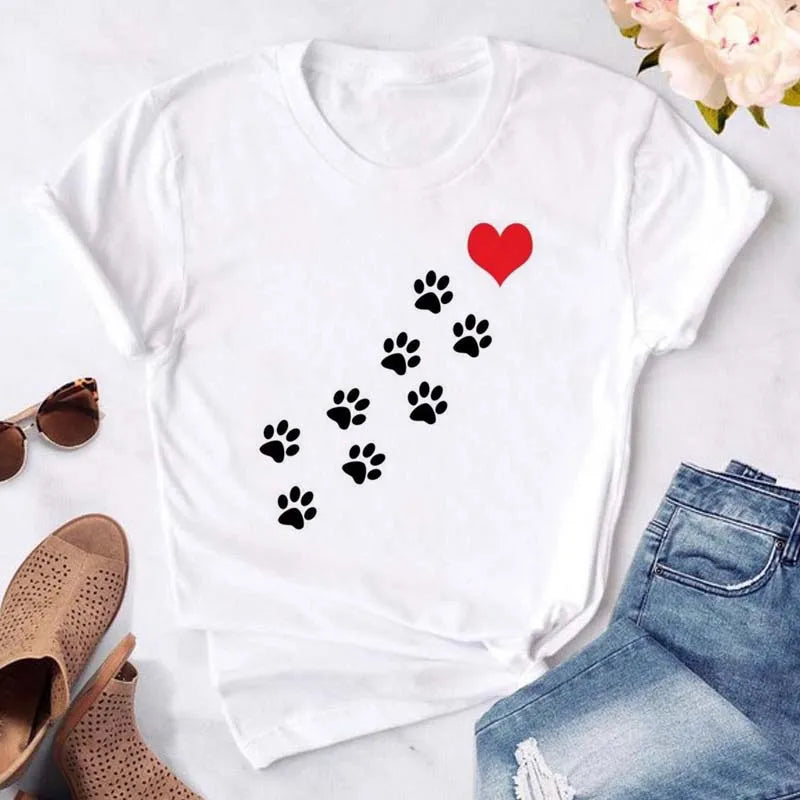 Dog Paw Heart Print T-Shirt — Funny Cartoon Tee for Dog Lovers