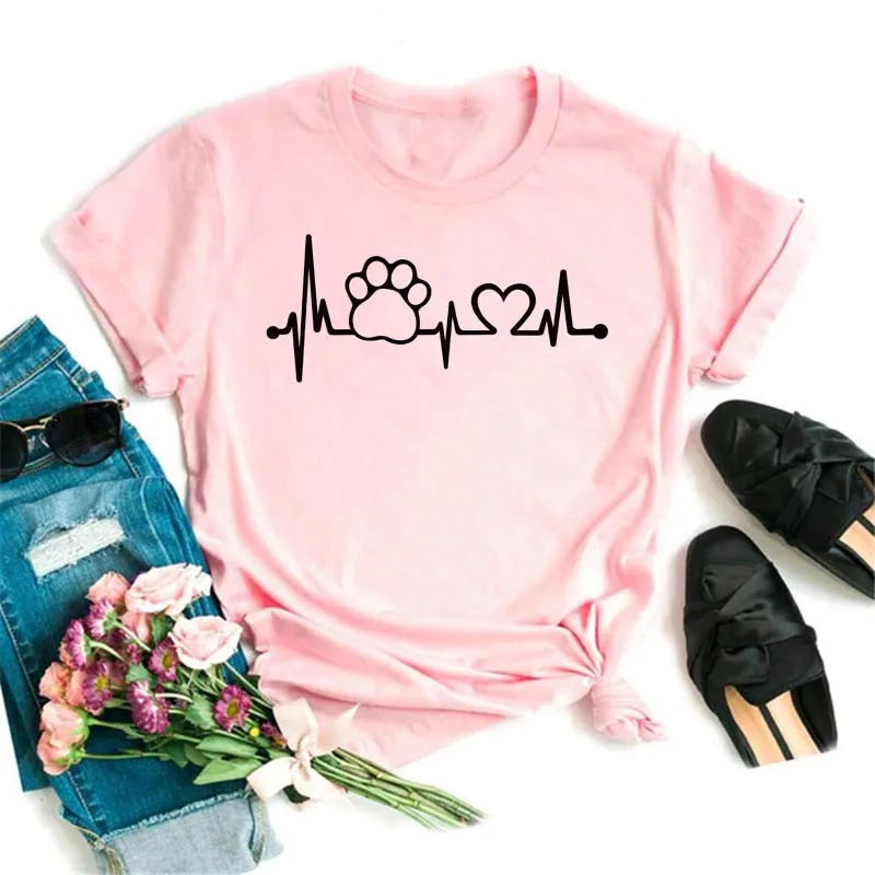 Dog Paw Heart Print T-Shirt — Funny Cartoon Tee for Dog Lovers