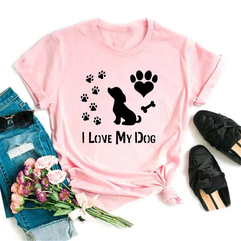 Dog Paw Heart Print T-Shirt — Funny Cartoon Tee for Dog Lovers
