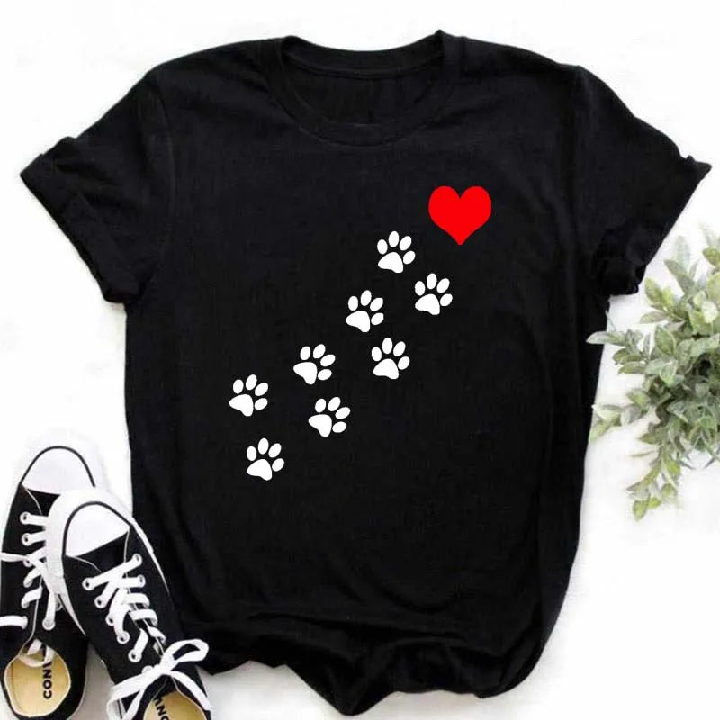 Dog Paw Heart Print T-Shirt — Funny Cartoon Tee for Dog Lovers