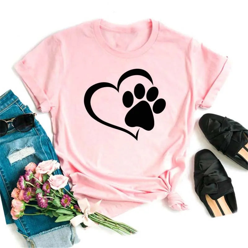Dog Paw Heart Print T-Shirt — Funny Cartoon Tee for Dog Lovers