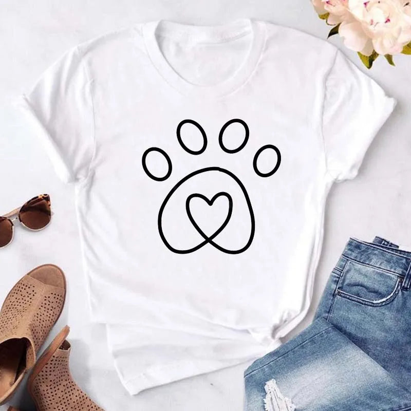 Dog Paw Heart Print T-Shirt — Funny Cartoon Tee for Dog Lovers