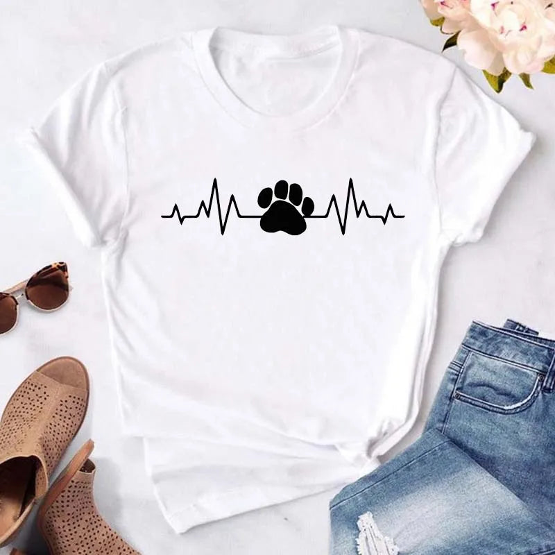 Dog Paw Heart Print T-Shirt — Funny Cartoon Tee for Dog Lovers