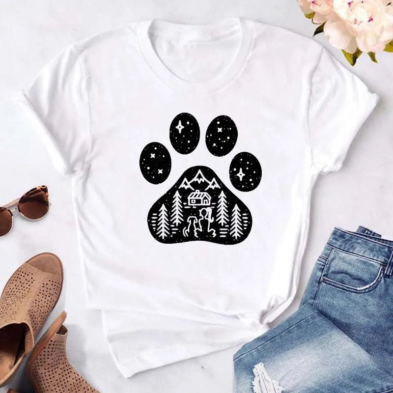 Dog Paw Heart Print T-Shirt — Funny Cartoon Tee for Dog Lovers