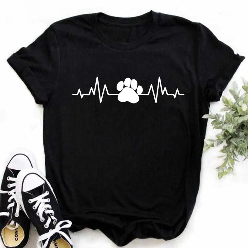 Dog Paw Heart Print T-Shirt — Funny Cartoon Tee for Dog Lovers
