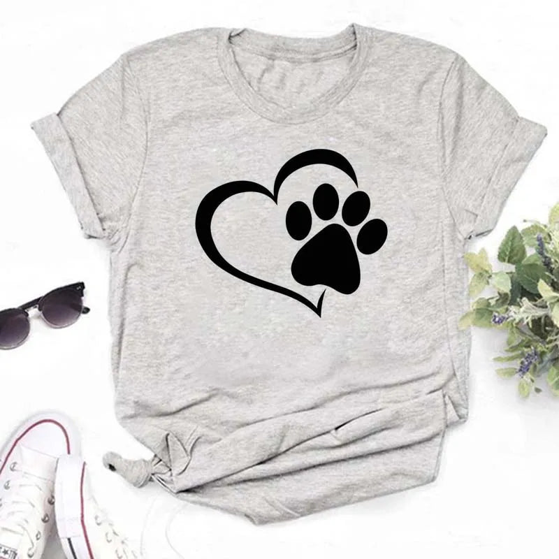 Dog Paw Heart Print T-Shirt — Funny Cartoon Tee for Dog Lovers