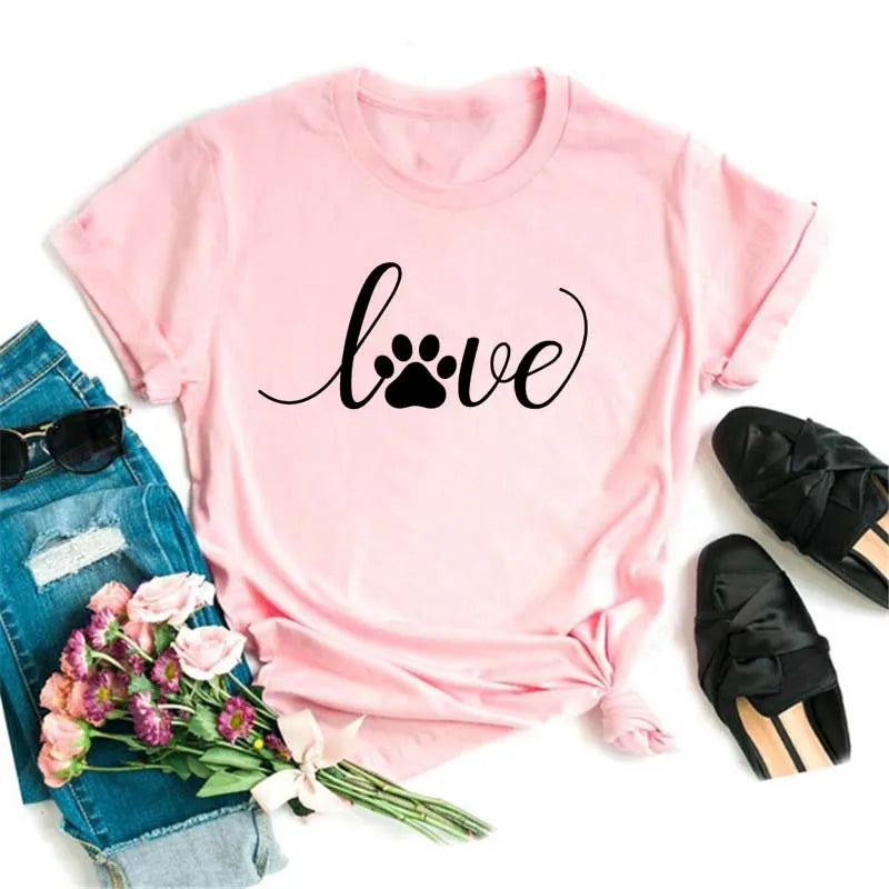 Dog Paw Heart Print T-Shirt — Funny Cartoon Tee for Dog Lovers