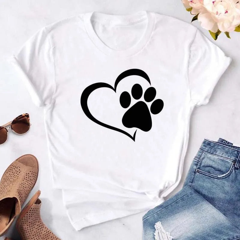 Dog Paw Heart Print T-Shirt — Funny Cartoon Tee for Dog Lovers