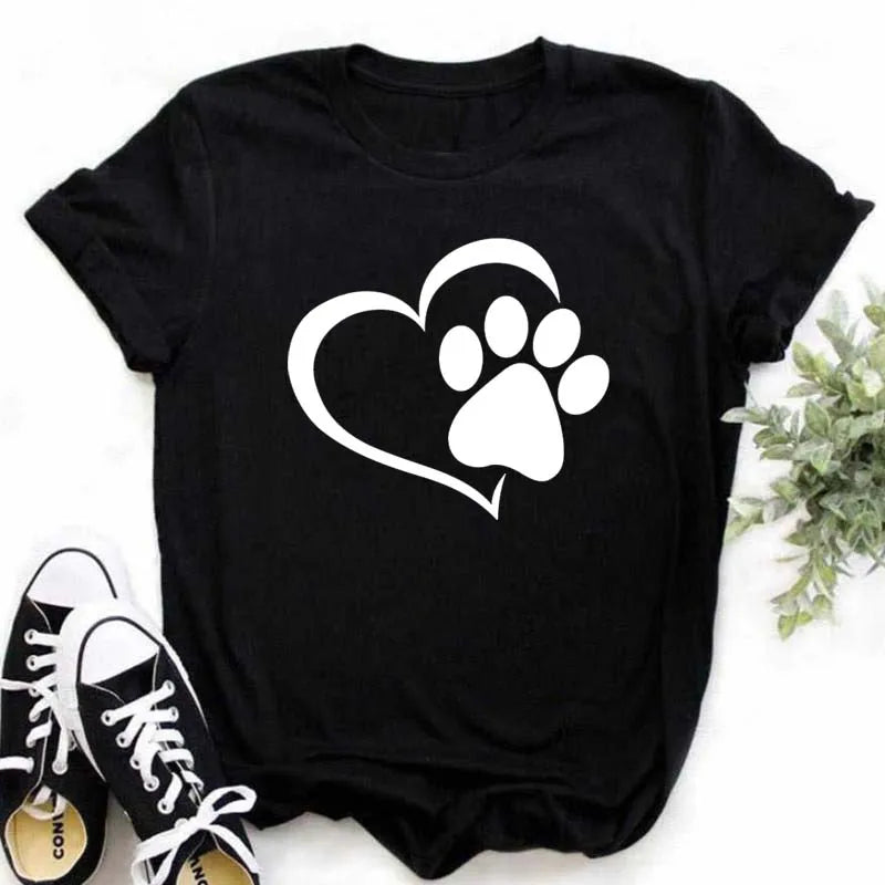 Dog Paw Heart Print T-Shirt — Funny Cartoon Tee for Dog Lovers