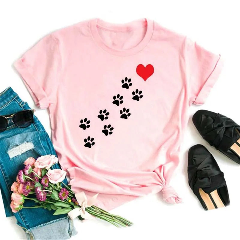 Dog Paw Heart Print T-Shirt — Funny Cartoon Tee for Dog Lovers