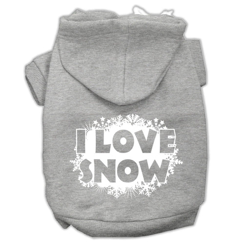 I Love Snow Screen Print Pet Hoodie — Grey (Medium)