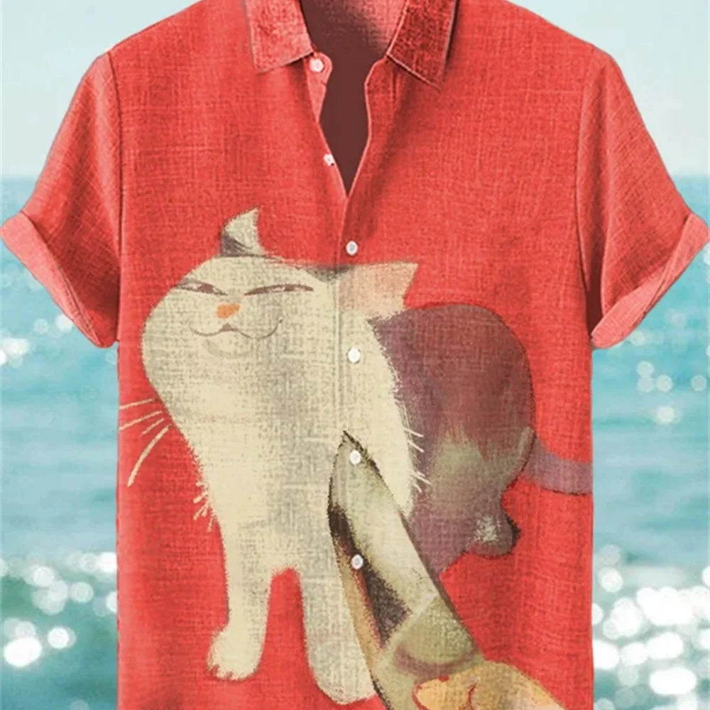 Men's Dog Print Short Sleeve Shirt — Casual Linen Blend (XS–5XL)