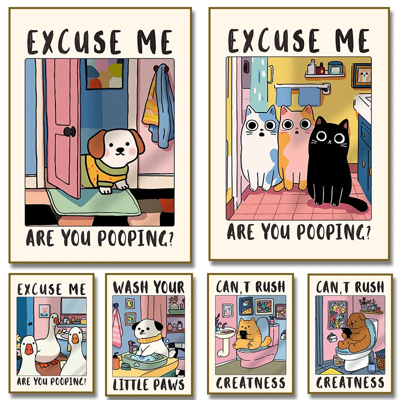 Funny Dog & Cat Bathroom Poster – “Excuse Me, Are You Pooping?” Wall Art Print