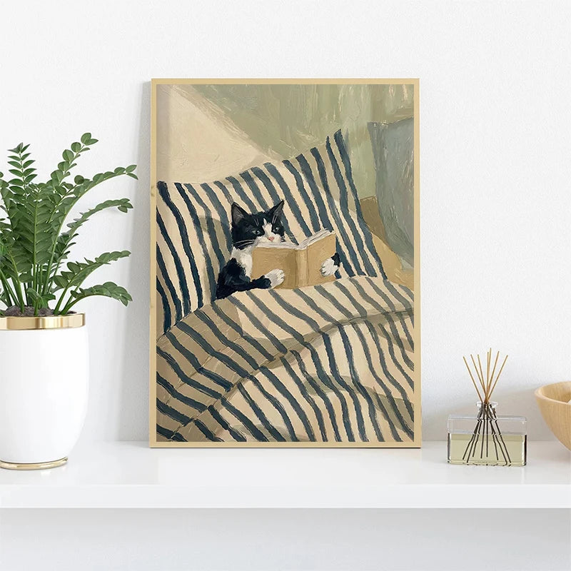 Funny Animals Reading & Relaxing Canvas Print – Dog, Cat, Fox & Raccoon Wall Art