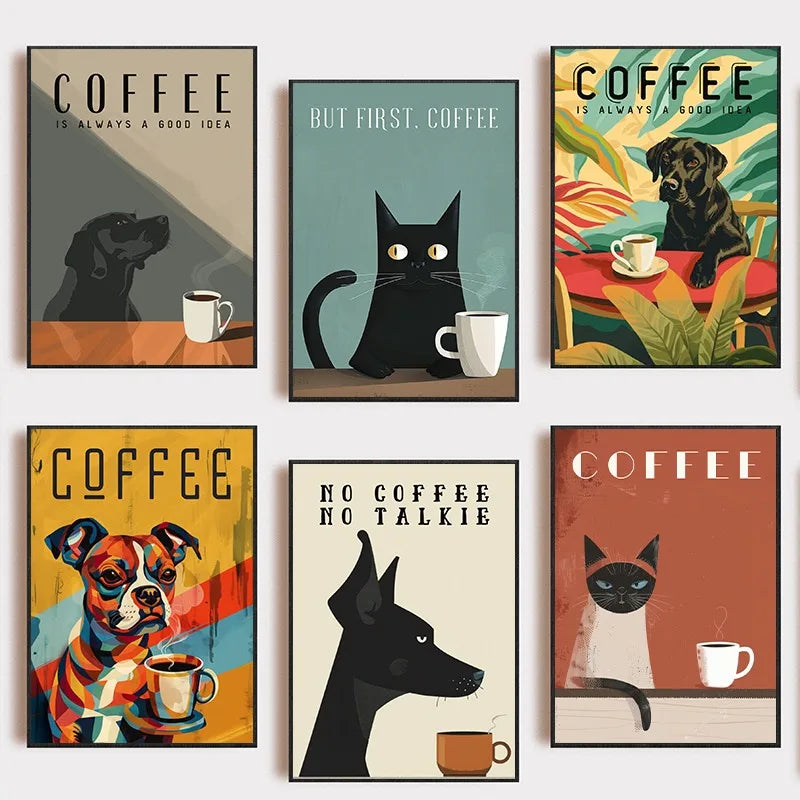 Boho Minimalist Dog & Cat Cafe Canvas Wall Art