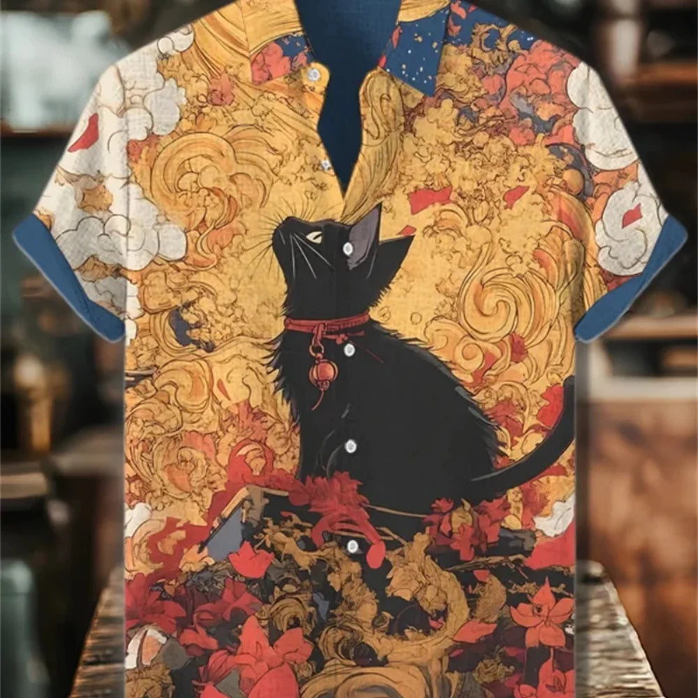 Men's Dog Print Short Sleeve Shirt — Casual Linen Blend (XS–5XL)