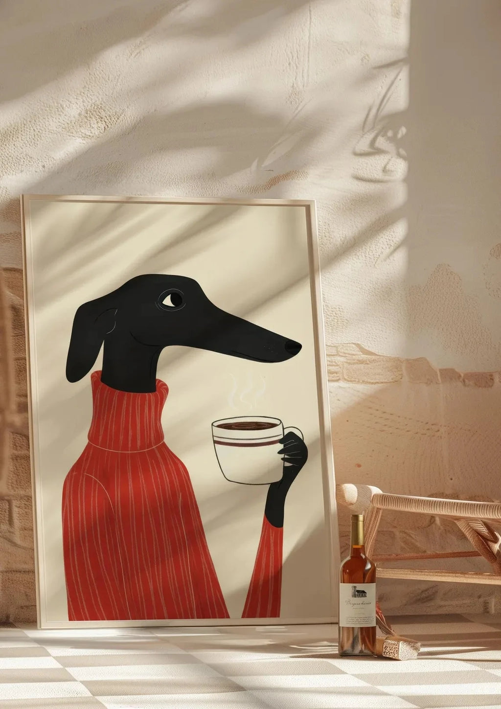 Greyhound Coffee Wall Art — Whimsical Dog in Sweater Canvas Print