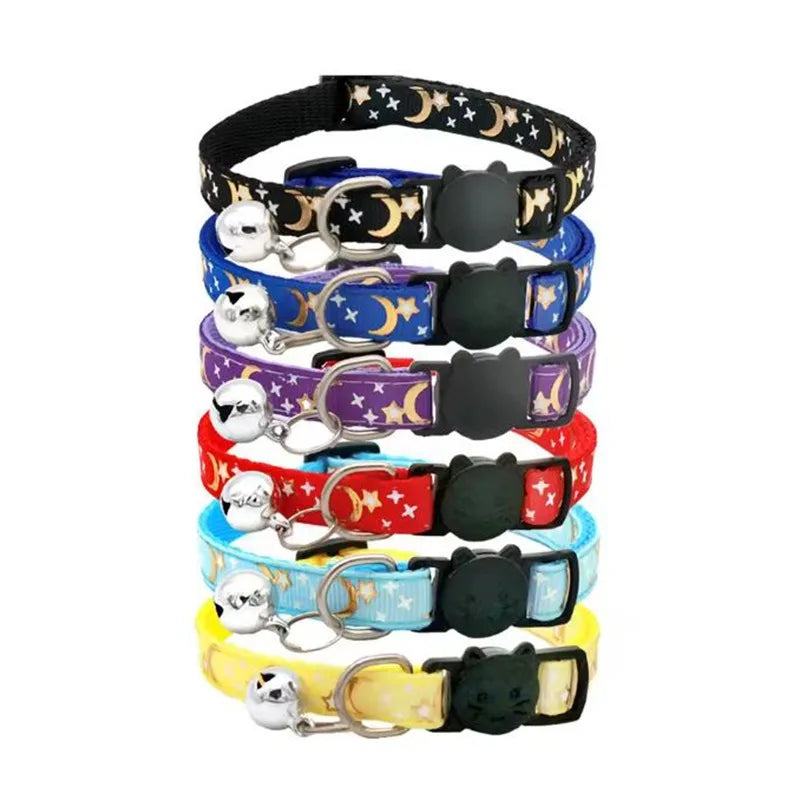 Colorful Dog & Cat Collar with Bell — Cartoon Paw Print, Adjustable, 14 Colours