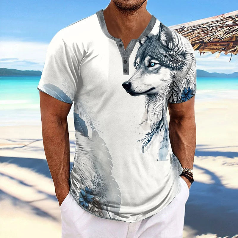 Men's 3D Wolf & Tiger Print Henley Shirt – Short Sleeve Streetwear Tee