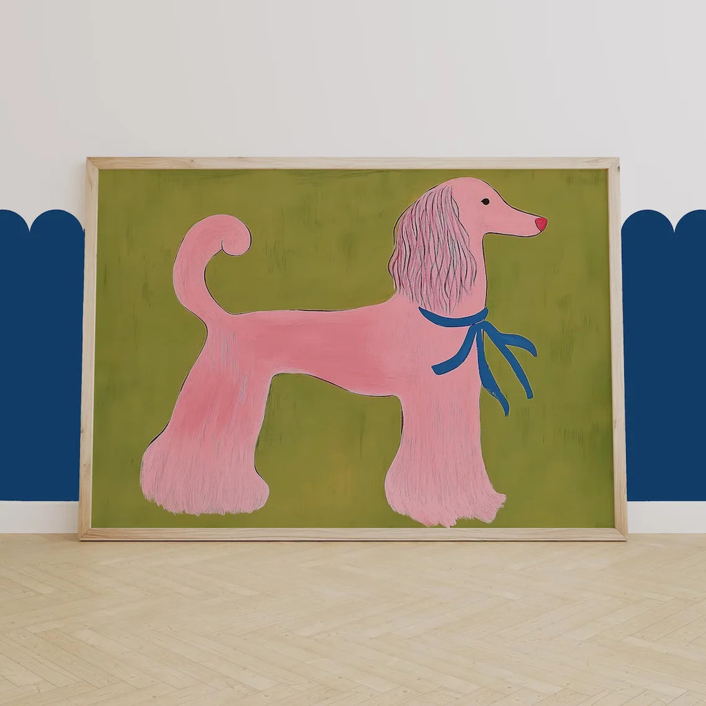 Pink Poodle Wall Art Print – Whimsical Animal Illustration, Playful Mid Century Modern Pet Decor
