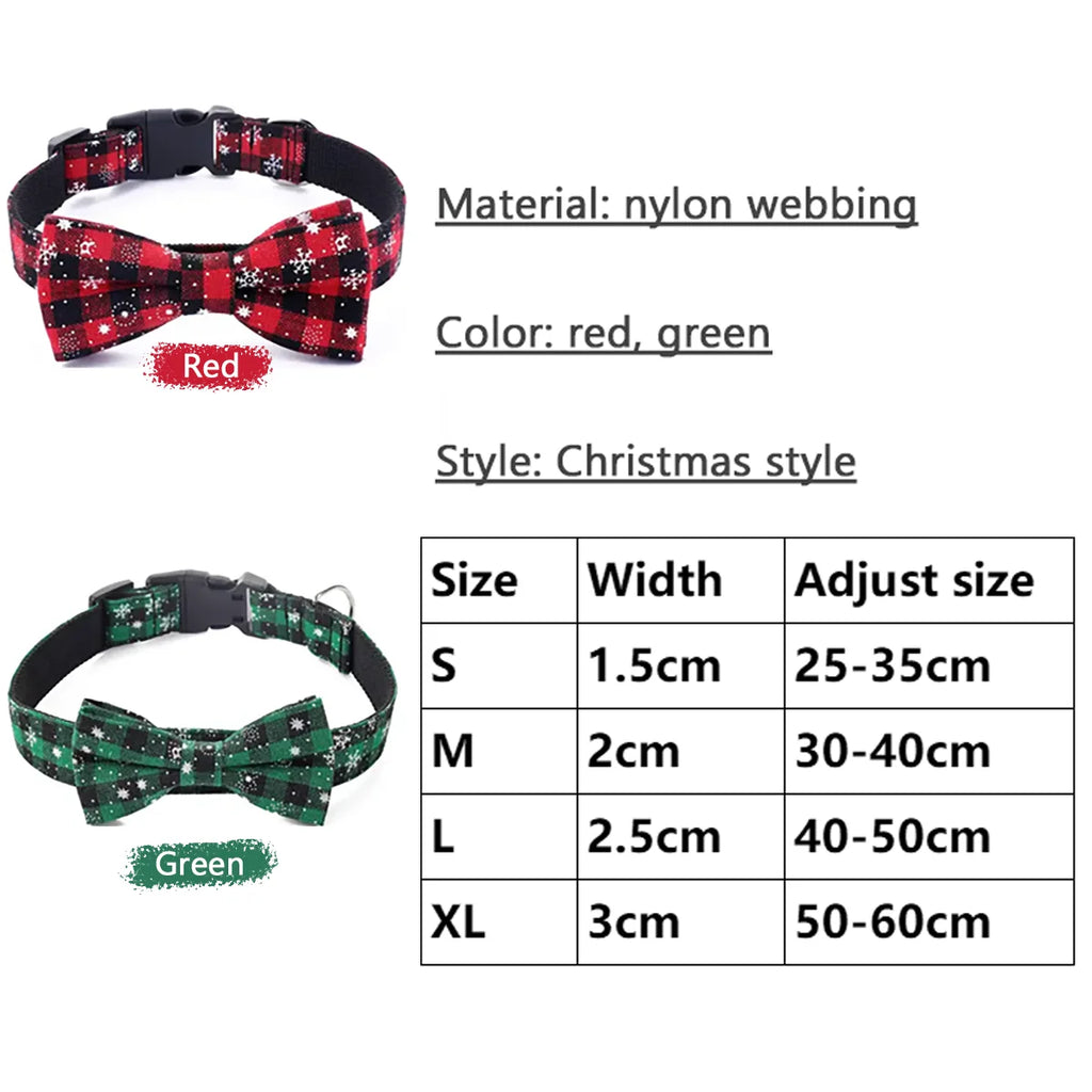 Christmas Dog Collar with Bow Tie | Plaid & Snowflake Holiday Collar for Dogs & Cats