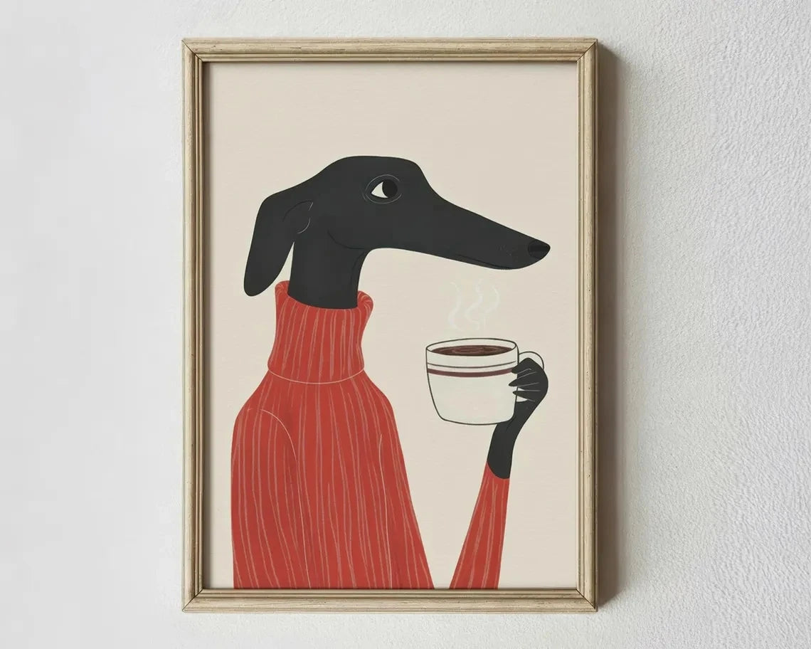Greyhound Coffee Wall Art — Whimsical Dog in Sweater Canvas Print