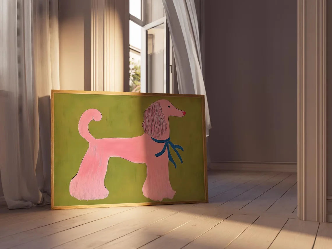 Pink Poodle Wall Art Print – Whimsical Animal Illustration, Playful Mid Century Modern Pet Decor