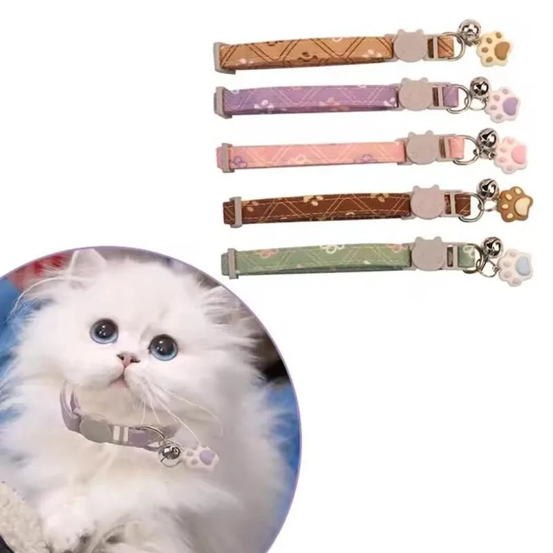 Colorful Dog & Cat Collar with Bell — Cartoon Paw Print, Adjustable, 14 Colours