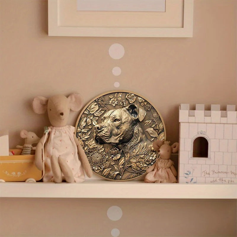 Pitbull Floral Bronze Wall Sign – Round Aluminum Dog Plaque