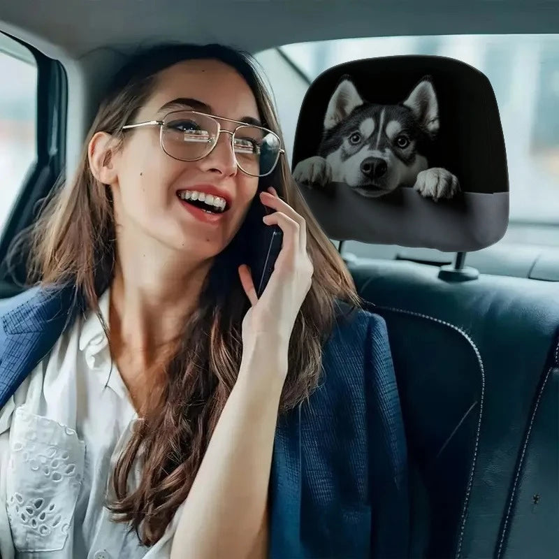 Husky Dog Car Headrest Covers – Set of 2 with Cute Husky Face Print
