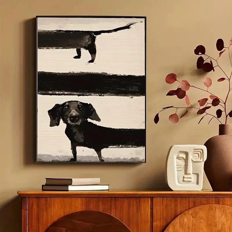 Retro Cute Dachshund Dog Poster – Sausage Dog Canvas Painting, Funny Animal Wall Art for Modern Living Room Home Decor