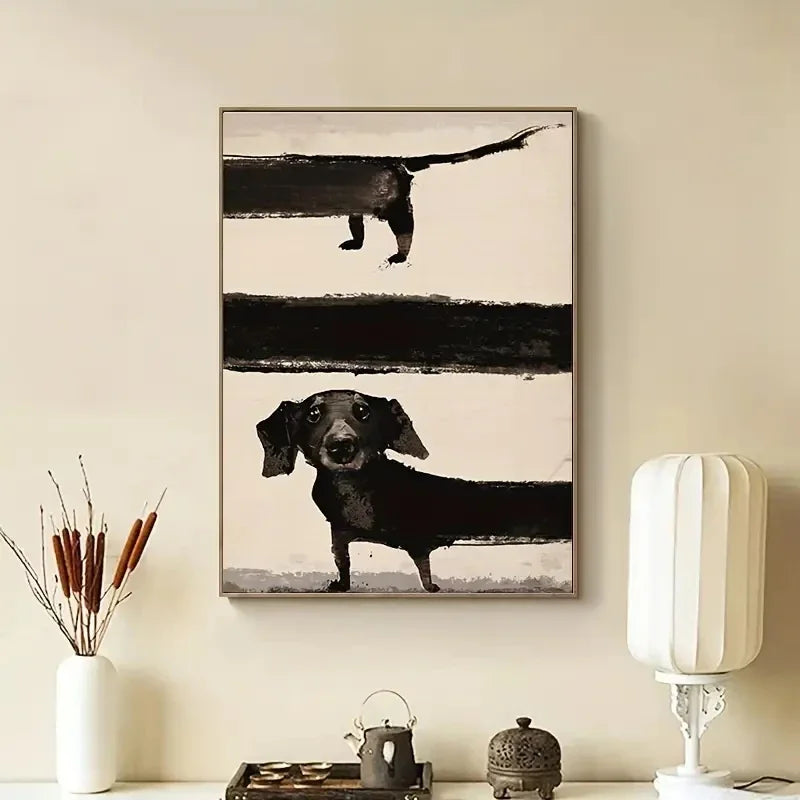 Retro Cute Dachshund Dog Poster – Sausage Dog Canvas Painting, Funny Animal Wall Art for Modern Living Room Home Decor