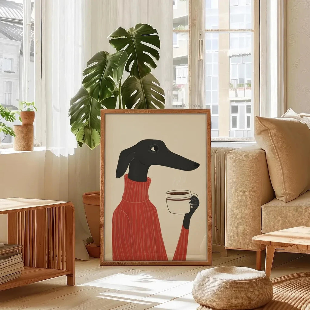 Greyhound Coffee Wall Art — Whimsical Dog in Sweater Canvas Print