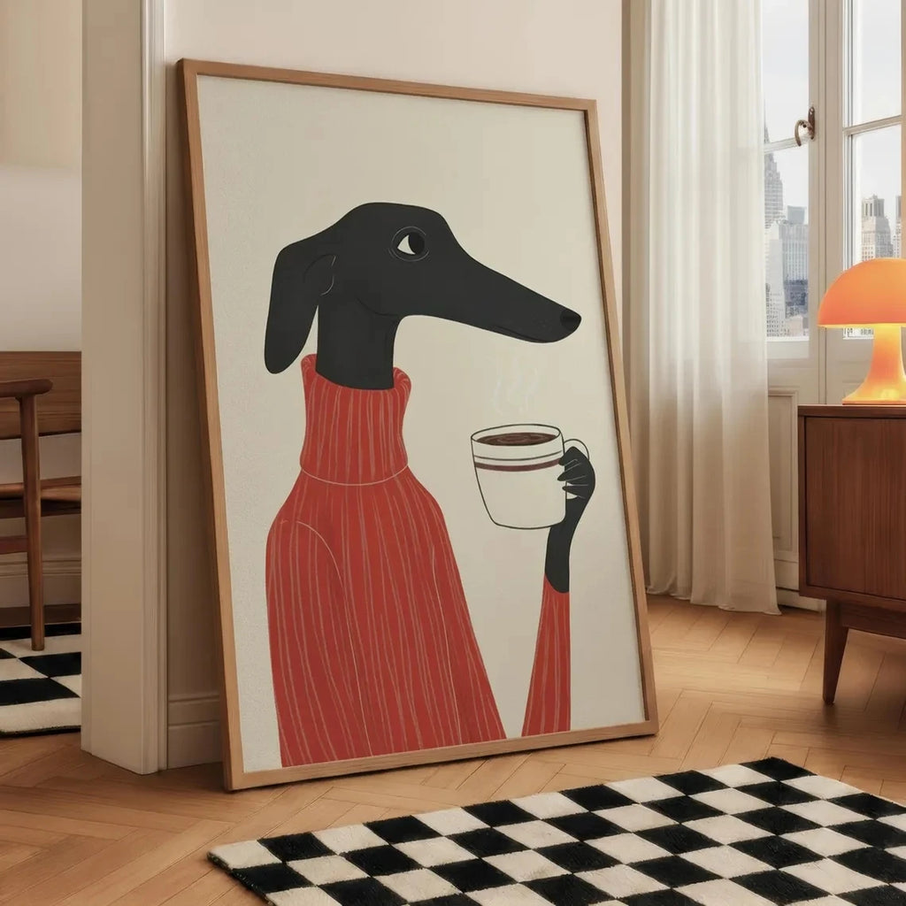 Greyhound Coffee Wall Art — Whimsical Dog in Sweater Canvas Print