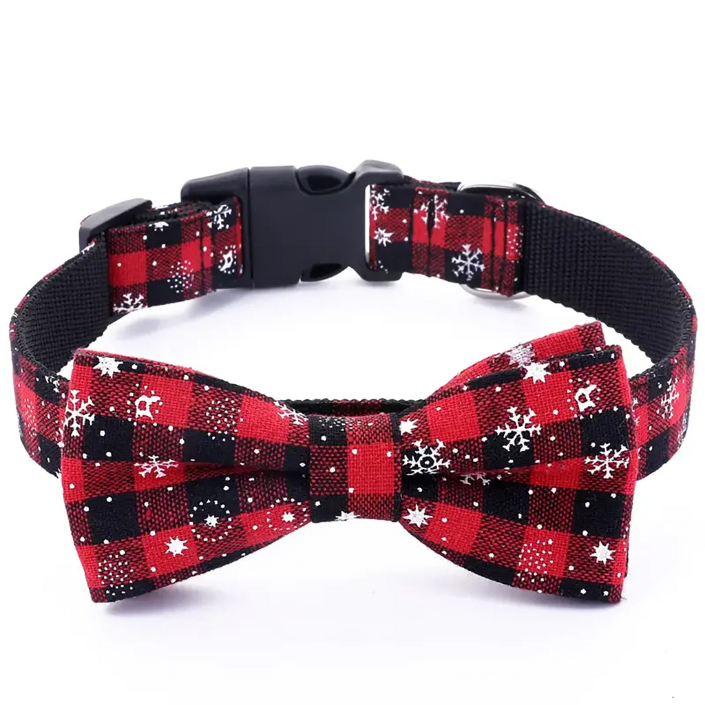 Christmas Dog Collar with Bow Tie | Plaid & Snowflake Holiday Collar for Dogs & Cats