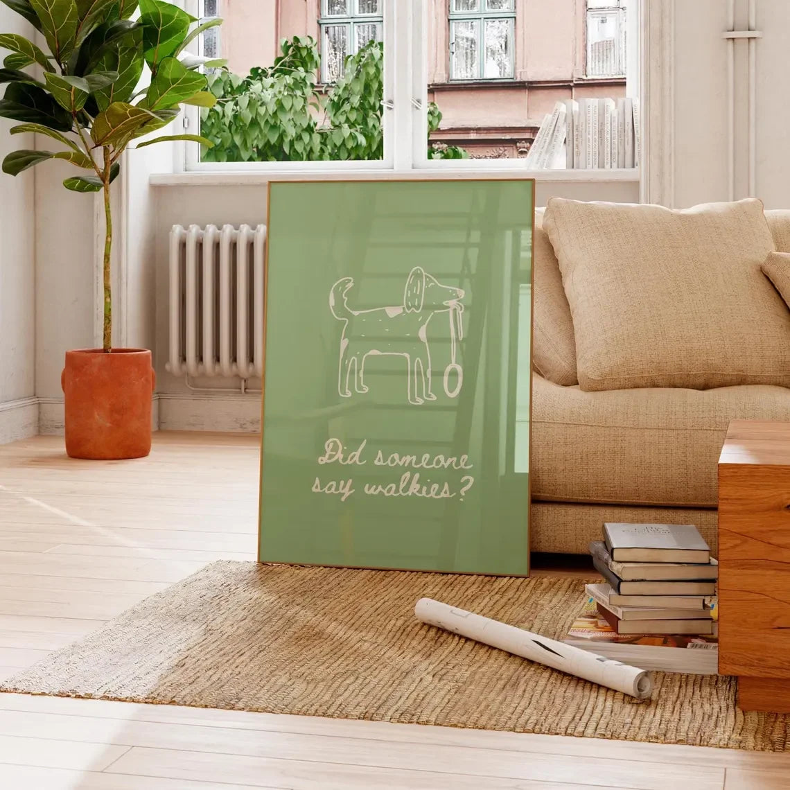 Walkies Funny Dog Wall Art Print – Hand Drawn Cute Doodle Poster, Minimalist Trendy Home Decor