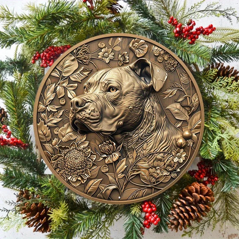 Pitbull Floral Bronze Wall Sign – Round Aluminum Dog Plaque