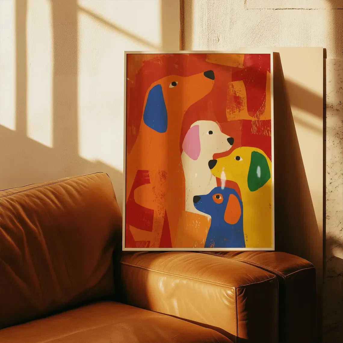 Vibrant Colorful Dog Quartet WALL ART PRINT DECOR – Playful Abstract Canine Painting, a Cheerful Statement Piece for Kids' Bedro